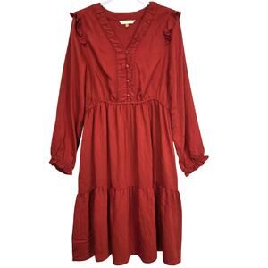 Downeast Elora Ruffled Long Sleeve Tiered V Neck Red Ochre Prairie Dress, Large